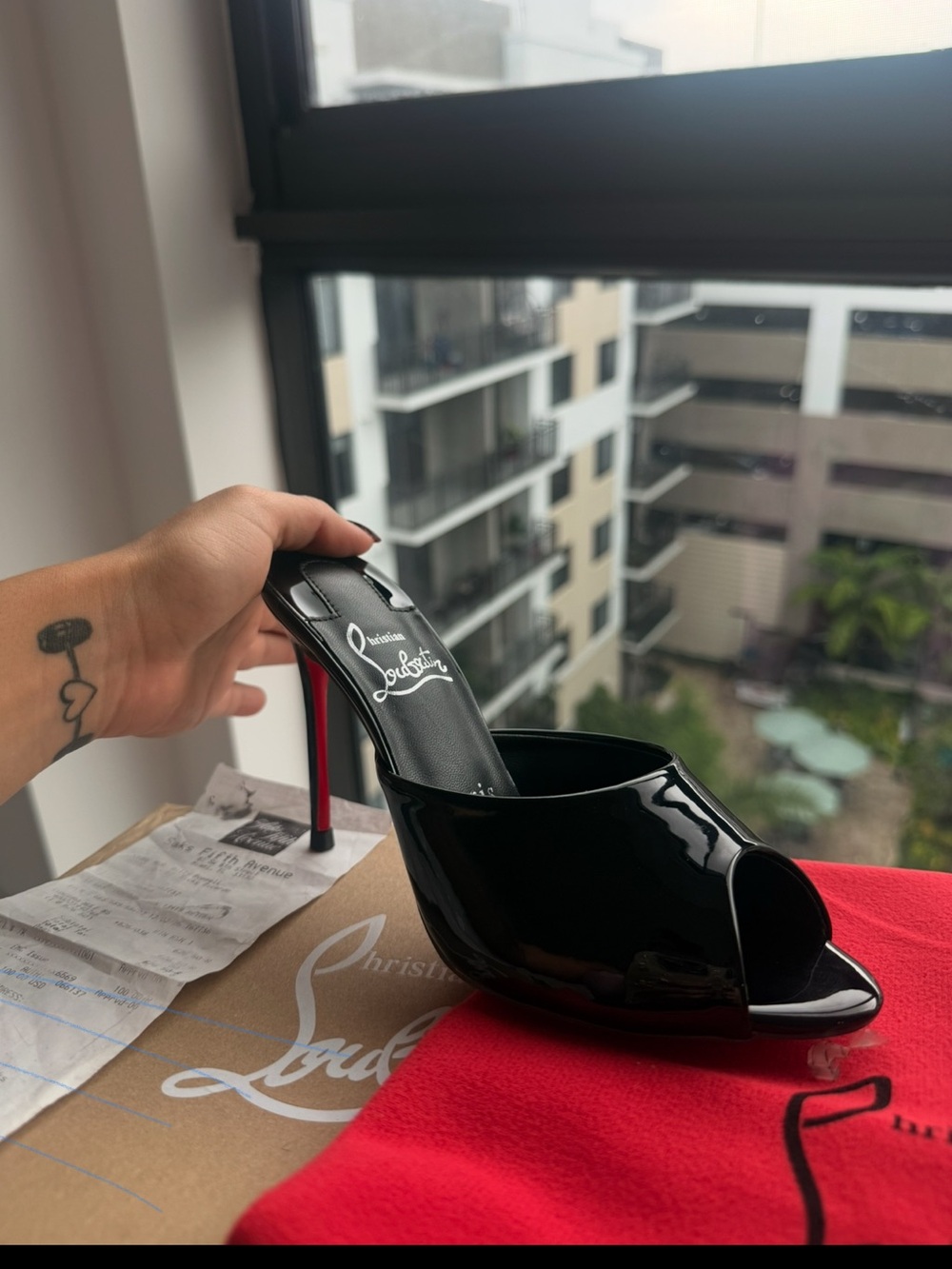 Christian Louboutin Black Patent Leather Peep-Toe Slide Mule with Red Sole